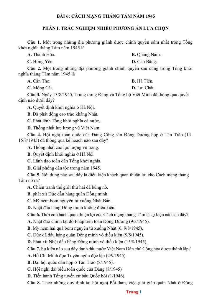 Đề Cương Ôn Tập HK1 Sử 12 Cấu Trúc Mới Theo Từng Bài Học