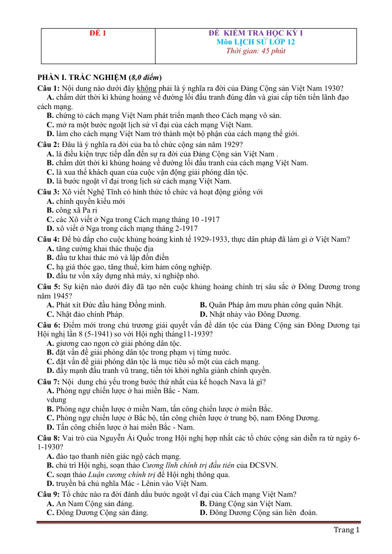 10 Đề Thi Học Kỳ 1 Lịch Sử 12