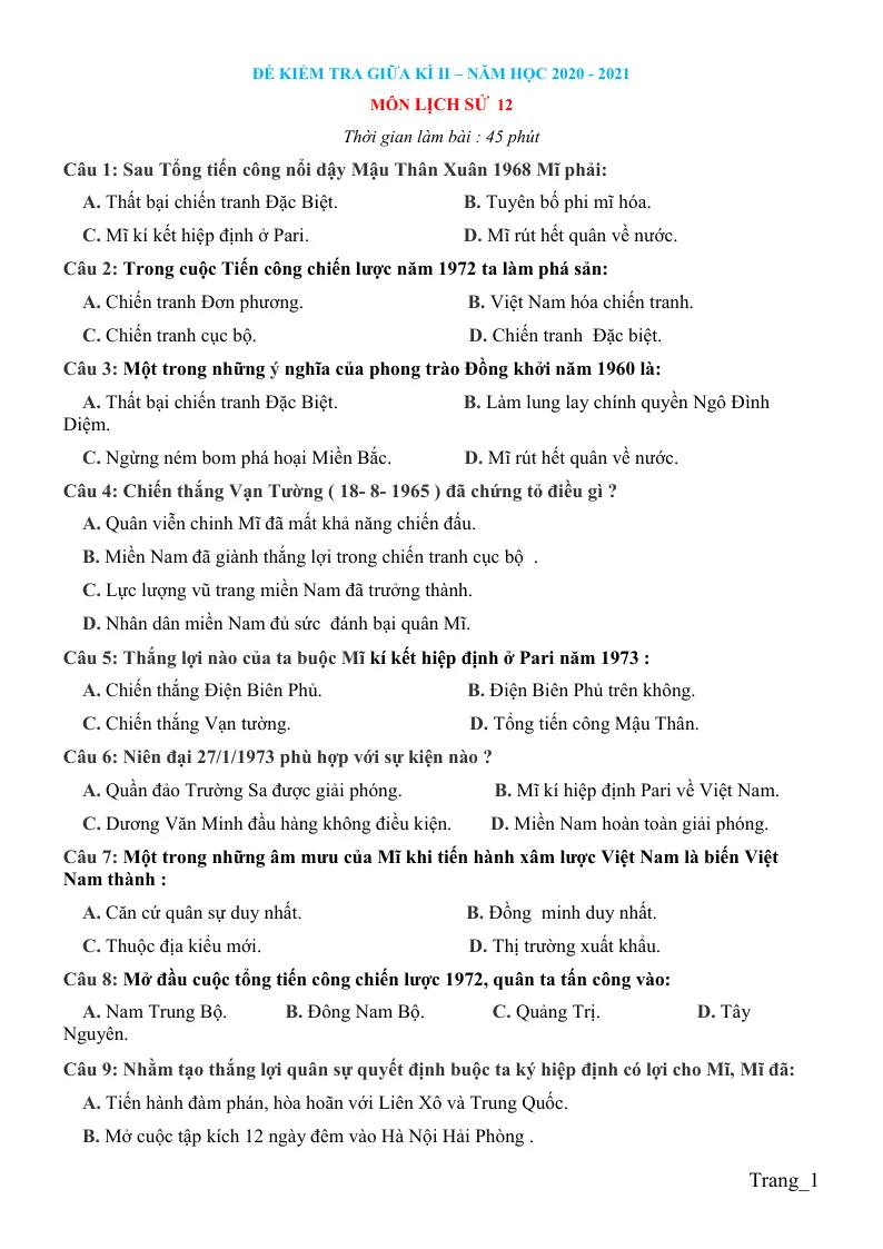 Đề Kiểm Tra Giữa Học Kỳ 2 Môn Sử 12 Có Đáp Án (Đề 1)