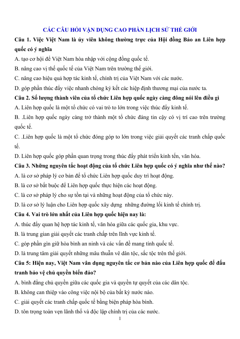 Một số câu hỏi vận dụng cao phần lịch sử thế giới