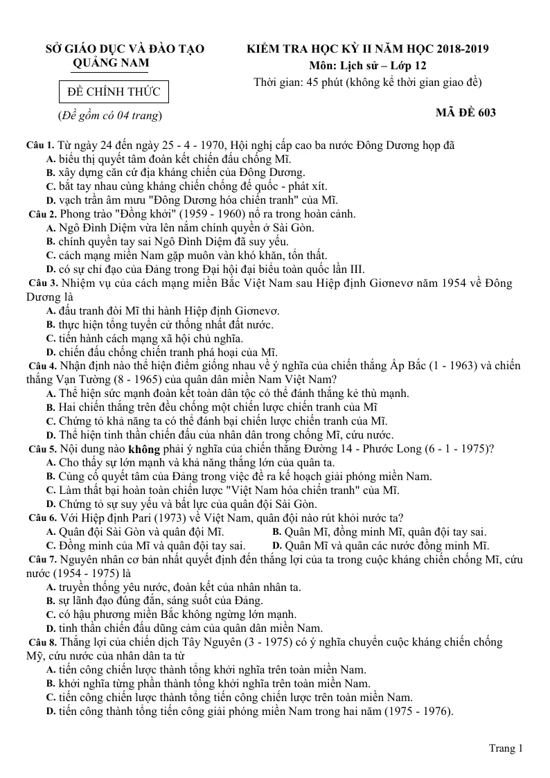 Đề Thi Học Kỳ 2 Lịch Sử 12 Quảng Nam 2018 - 2019