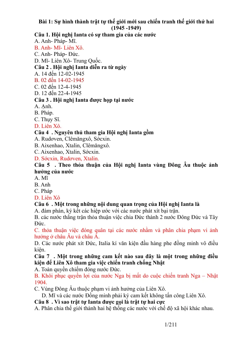 Bài tập trắc nghiệm lịch sử thế giới lớp 12 đầy đủ