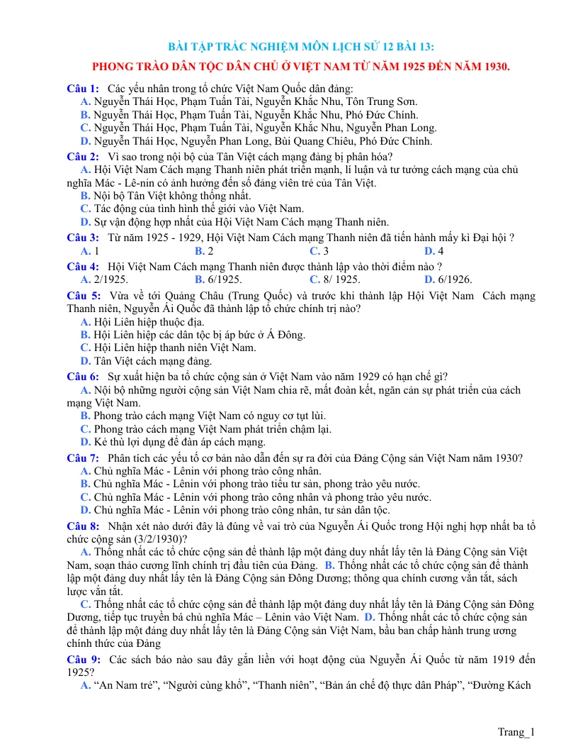 Trắc Nghiệm Sử 12 Bài 13 Có Đáp Án: Phong Trào Dân Tộc Dân Chủ Ở Việt Nam Từ Năm 1925 Đến 1930