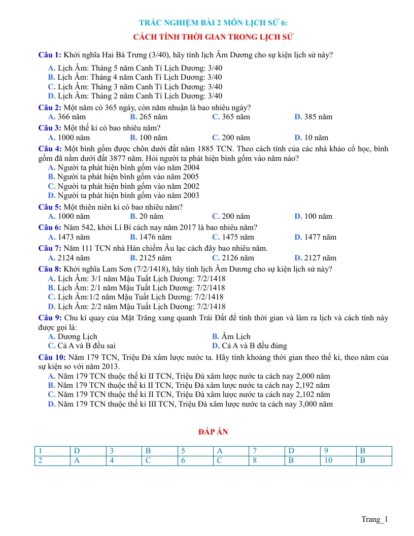 Trắc Nghiệm Sử 6 Bài 2: Cách Tính Thời Gian Trong Lịch Sử
