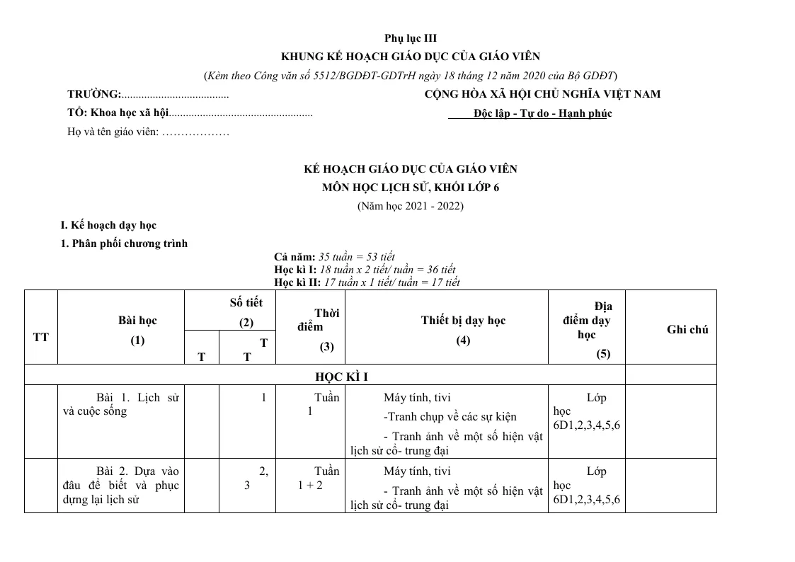 Kế Hoạch Giáo Dục Lịch Sử 6 Sách