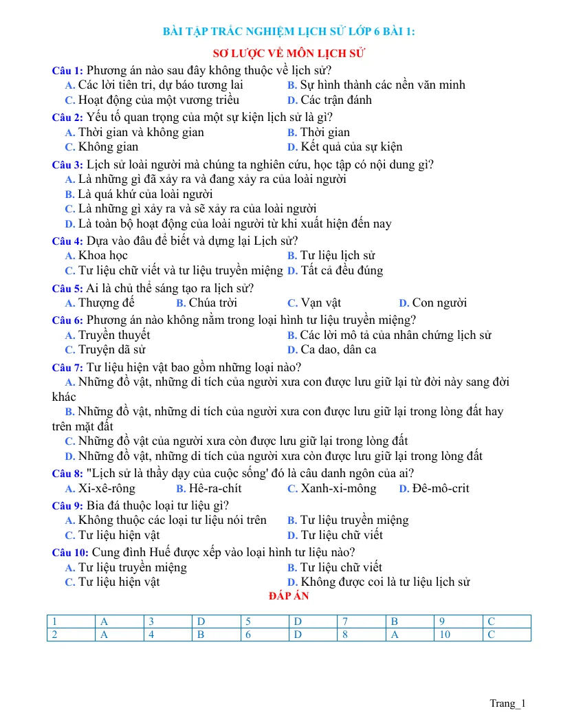 Trắc Nghiệm Sử 6 Bài 1: Sơ Lược Về Môn Lịch Sử