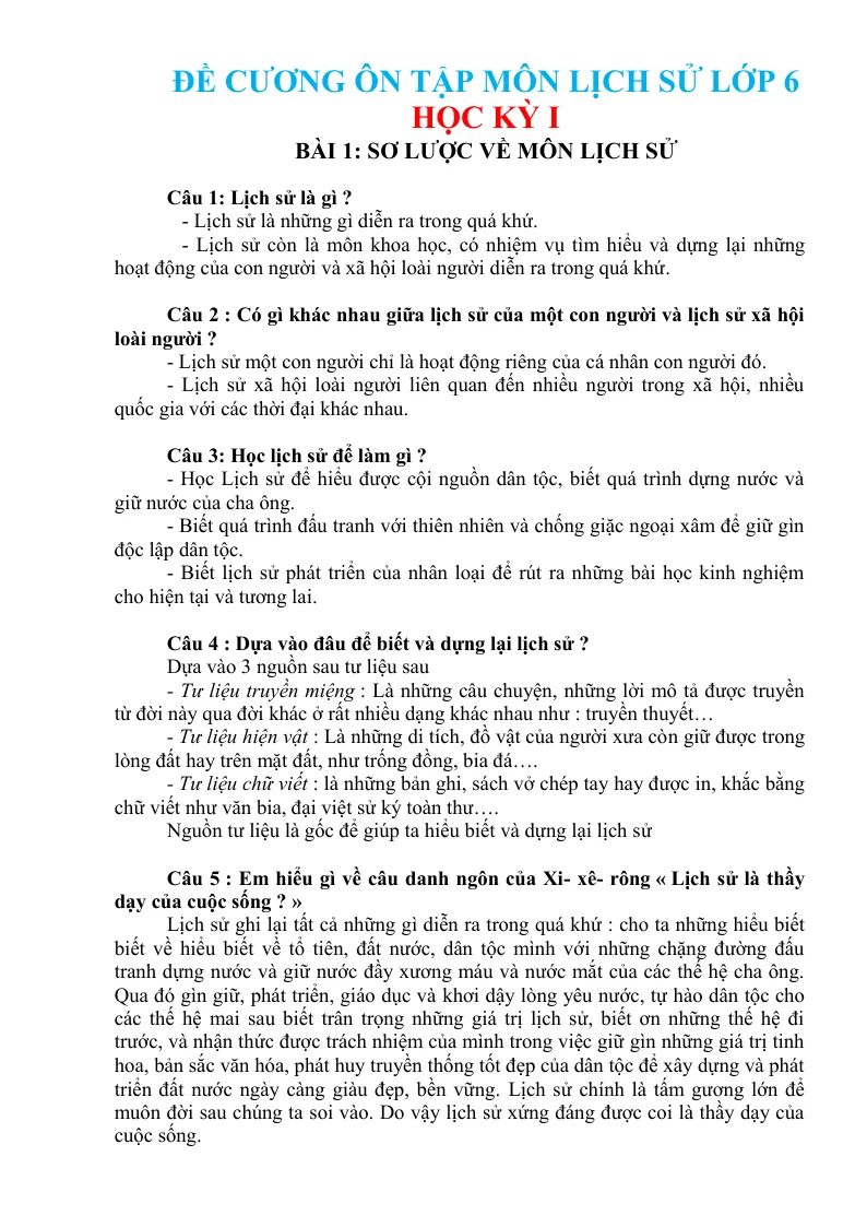 Đề Cương Ôn Thi Lịch Sử 6 HK1