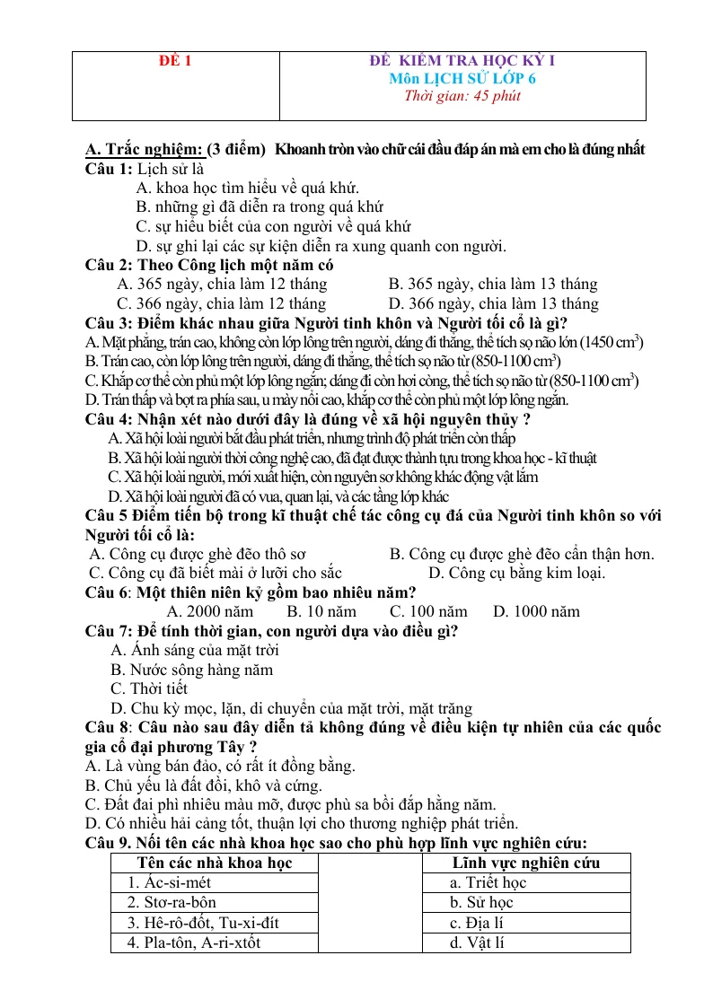 15 Đề Thi HK1 Lịch Sử 6