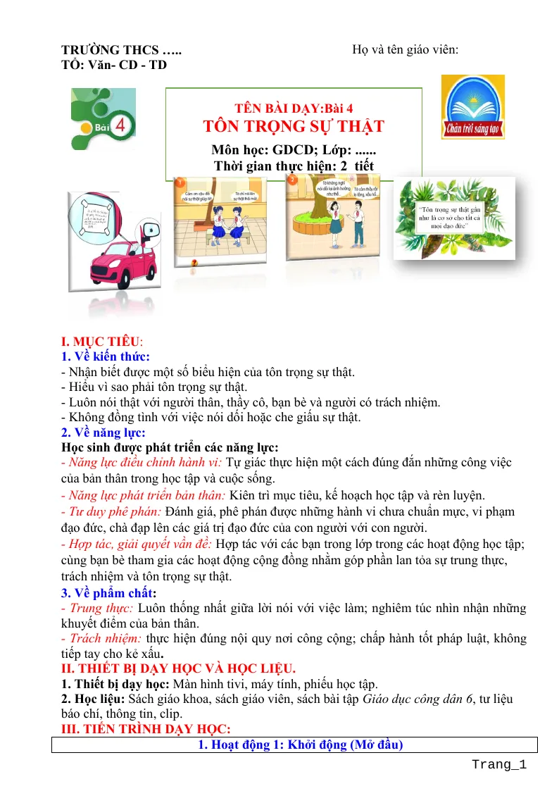 Giáo Án GDCD 6 Bài 4: Tôn Trọng Sự Thật Sách