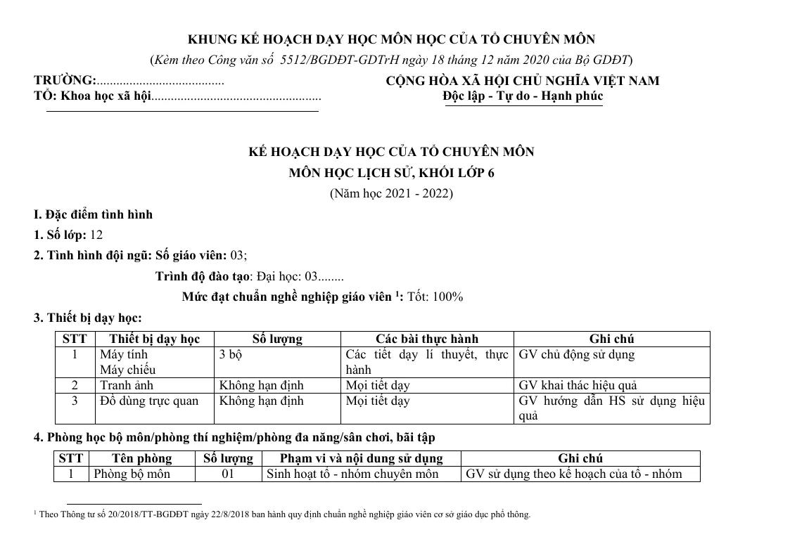 Kế Hoạch Dạy Học Lịch Sử 6 Sách