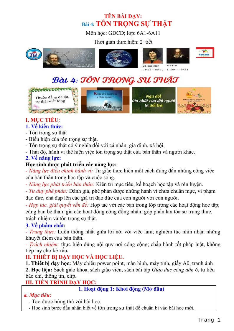 Giáo Án GDCD 6 Sách Bài 4: Tôn Trọng Sự Thật