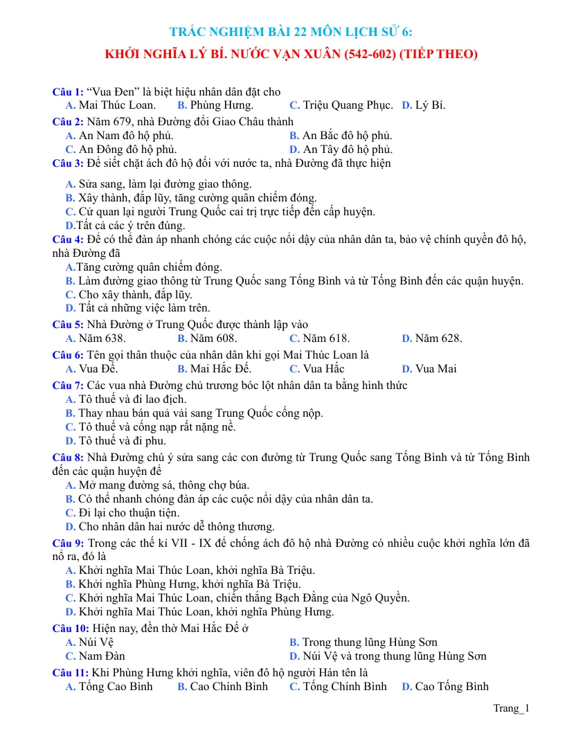 Trắc Nghiệm Sử 6 Bài 22: Khởi Nghĩa Lý Bí - Nước Vạn Xuân (Tiếp Theo)