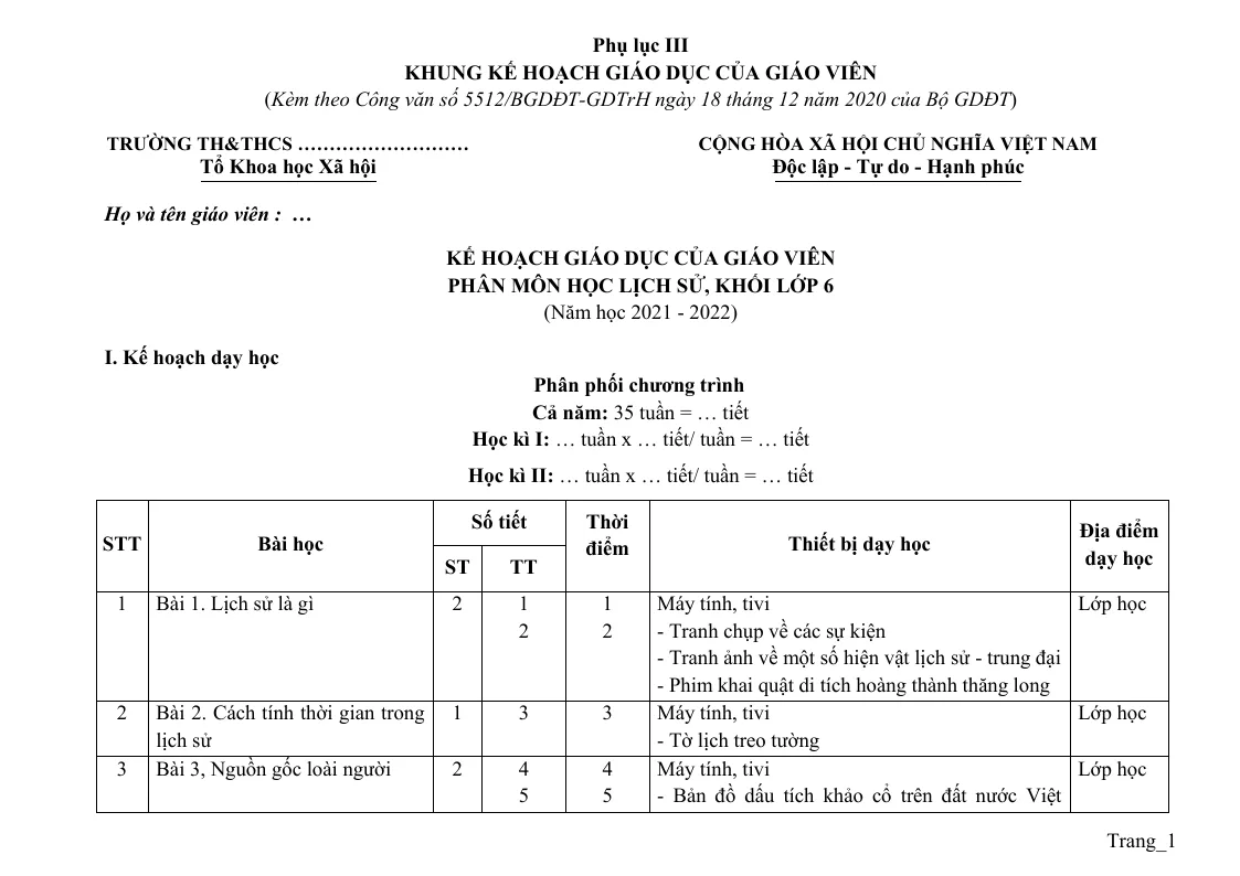 Kế Hoạch Giáo Dục Lịch Sử 6