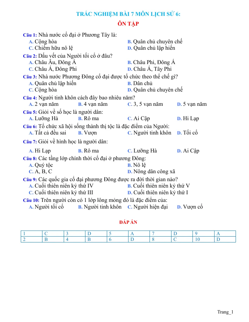 Trắc Nghiệm Sử 6 Bài 7: Ôn Tập