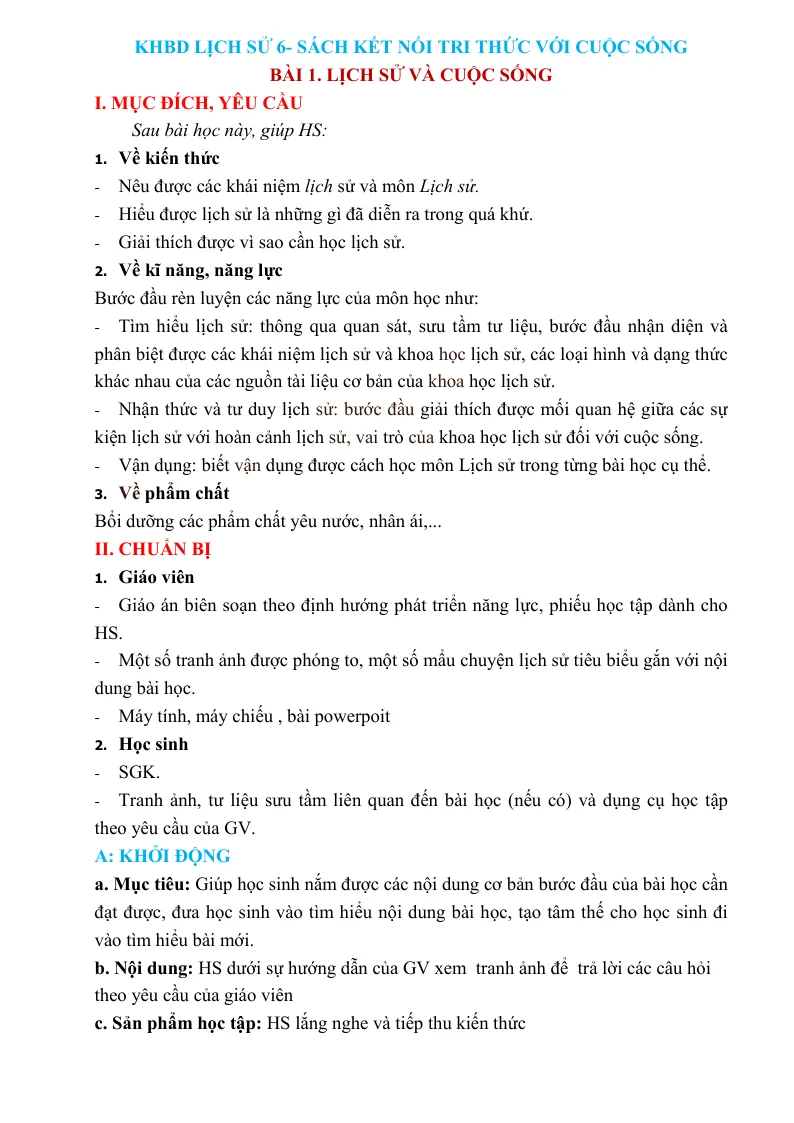 Giáo Án Sách Môn Lịch Sử 6 Cả Năm Phương Pháp Mới