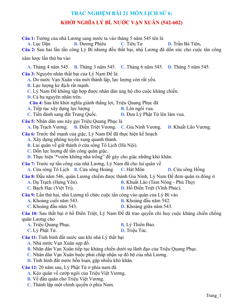 Trắc Nghiệm Sử 6 Bài 21: Khởi Nghĩa Lý Bí - Nước Vạn Xuân (542 - 602)