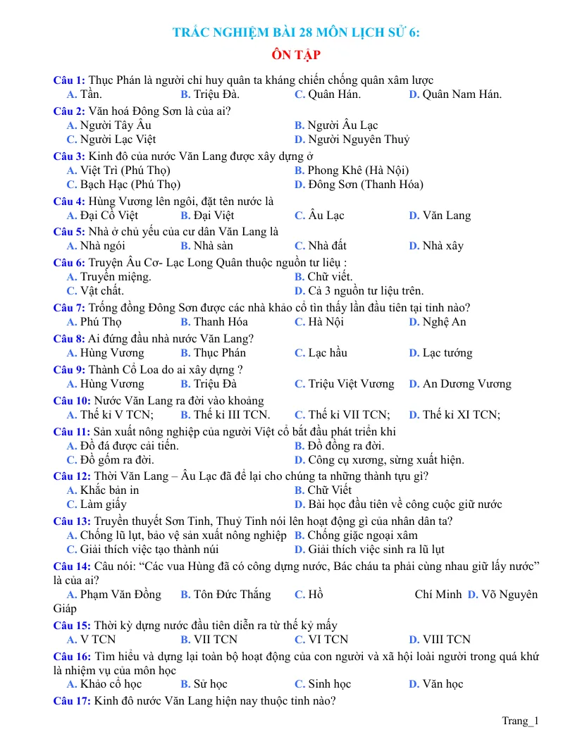 Trắc Nghiệm Sử 6 Bài 28: Ôn Tập