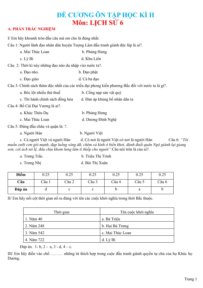 Đề Cương Ôn Tập Môn Sử Lớp 6 HK2
