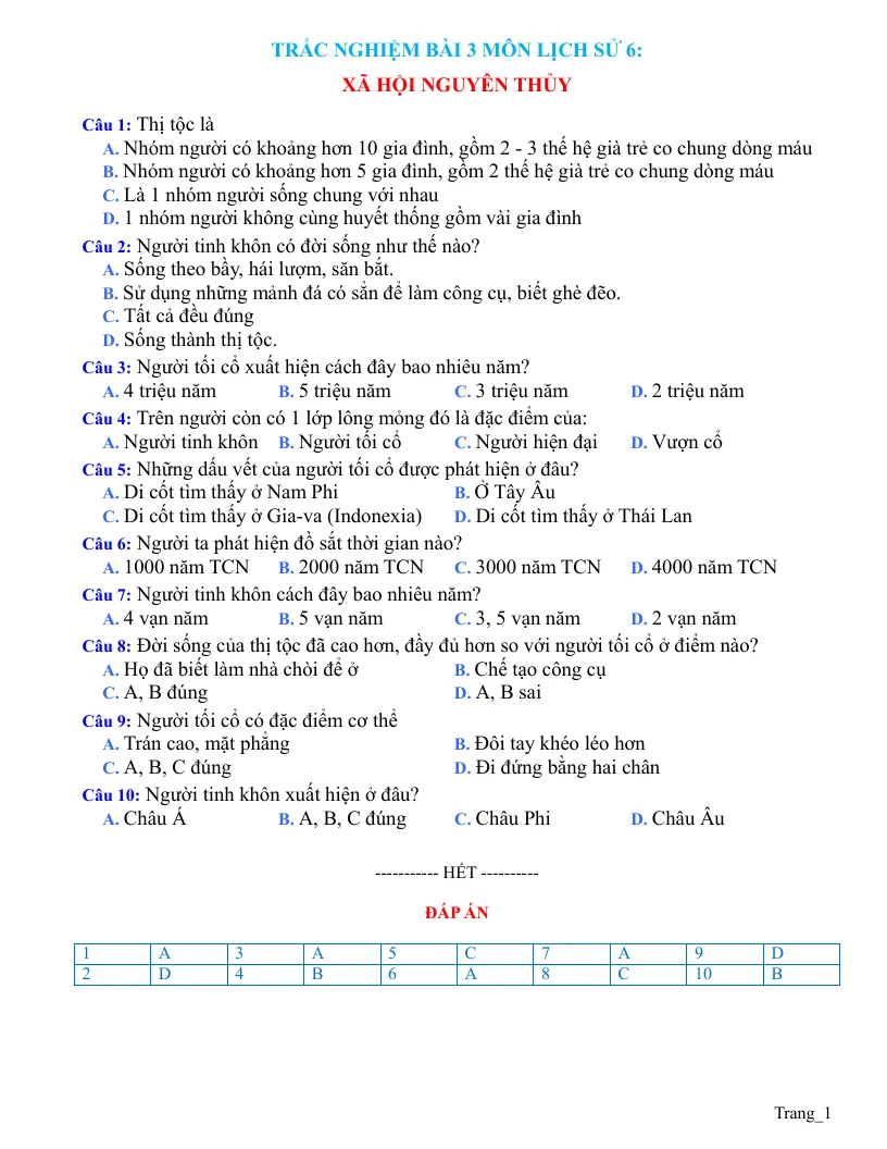 Trắc Nghiệm Sử 6 Bài 3: Xã Hội Nguyên Thủy