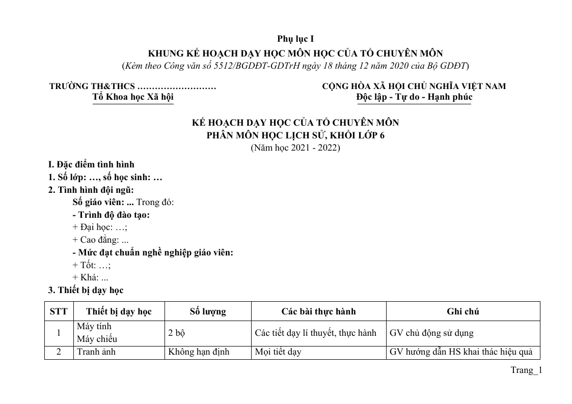 Kế Hoạch Dạy Học Lịch Sử 6