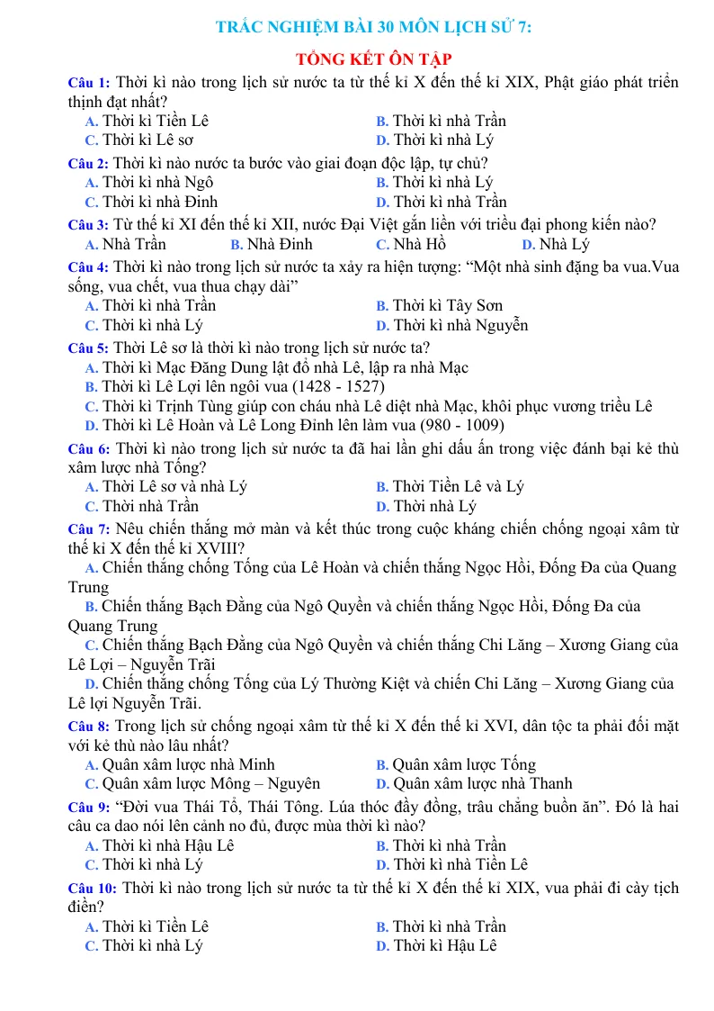 Trắc Nghiệm Bài 30 Lịch Sử 7: Tổng Kết Ôn Tập