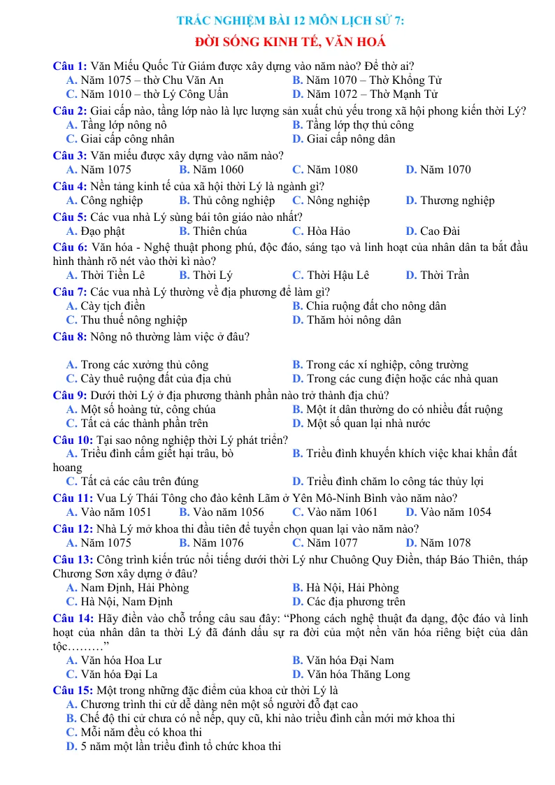 Trắc Nghiệm Bài 12 Lịch Sử 7: Đời Sống Kinh Tế Văn Hóa - Tạ Thị Thúy Anh