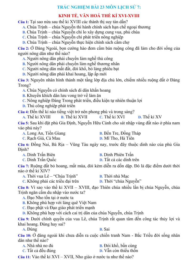Trắc Nghiệm Bài 23 Lịch Sử 7: Kinh Tế Văn Hóa Thế Kỷ XVI - XVIII