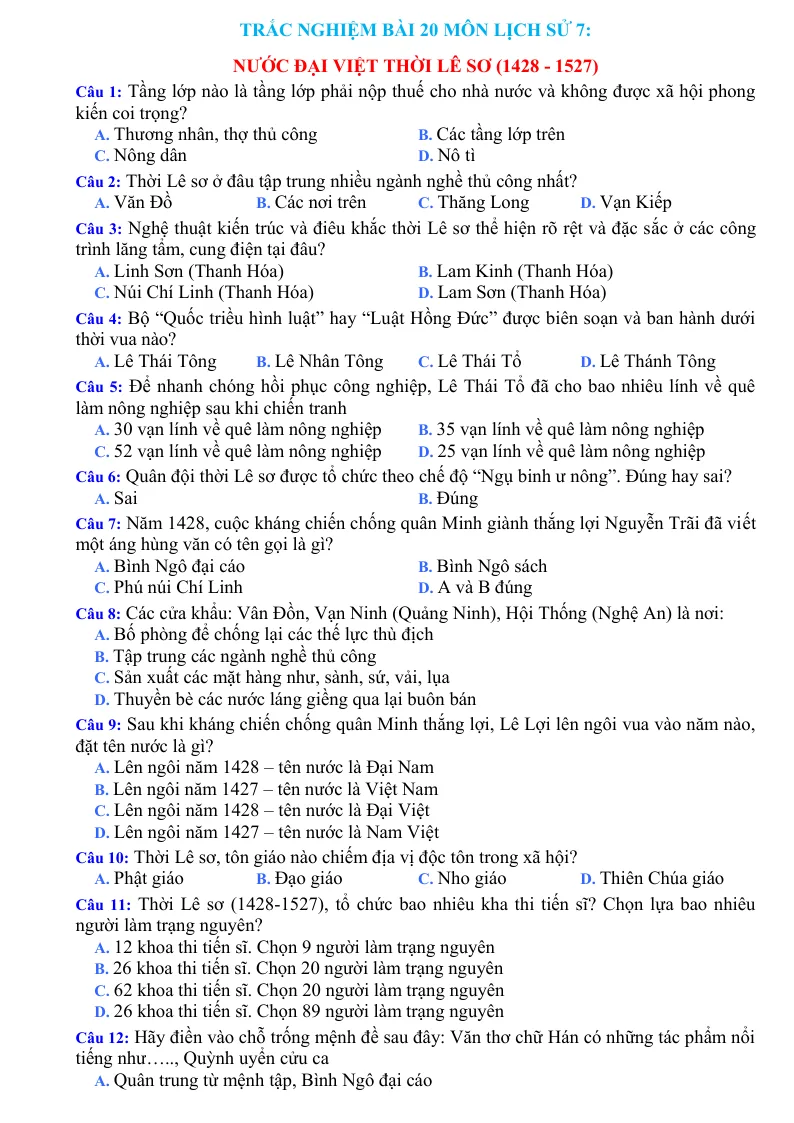 Trắc Nghiệm Bài 20 Lịch Sử 7:Nước Đại Việt thời Lê sơ (1428 - 1527) - Tạ Thị Thúy Anh