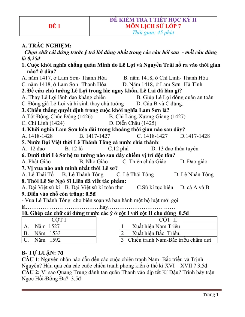 Bộ Đề Kiểm Tra 1 Tiết Lịch Sử 7 Học Kỳ 2
