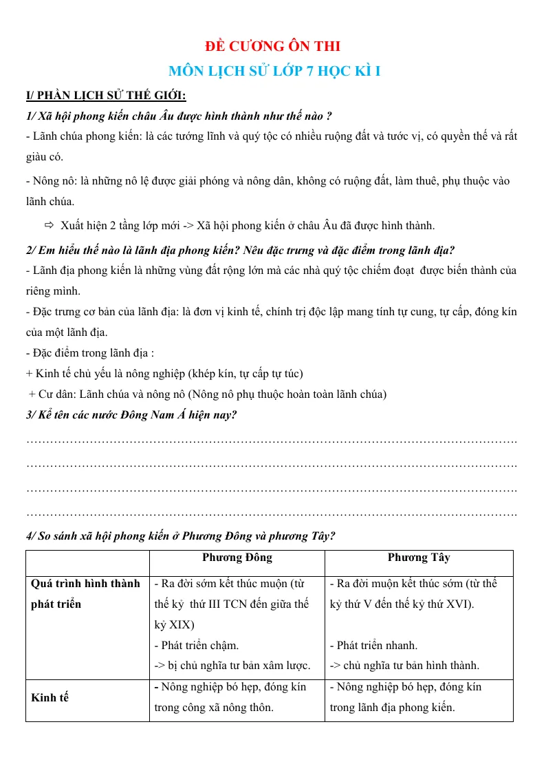 Đề Cương Ôn Thi Lịch Sử 7 Học Kỳ 1