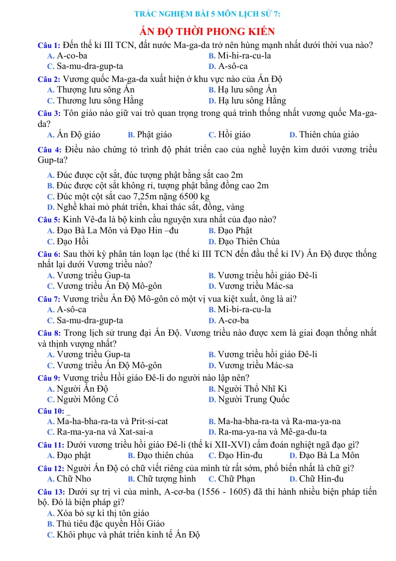 Trắc Nghiệm Bài 5 Lịch Sử 7: Ấn Độ Thời Phong Kiến Có Đáp Án - Tạ Thị Thúy Anh