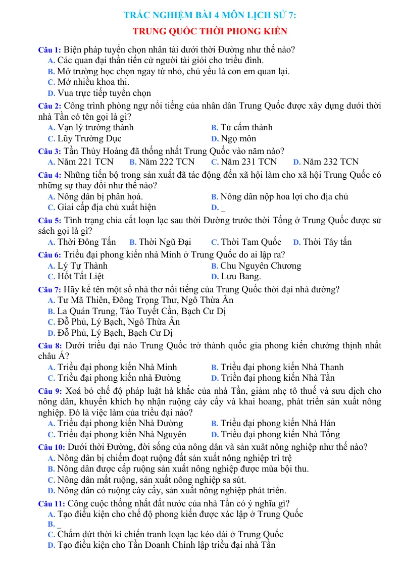 Trắc Nghiệm Bài 4 Lịch Sử 7: Trung Quốc Thời Phong Kiến Có Đáp Án - Tạ Thị Thúy Anh