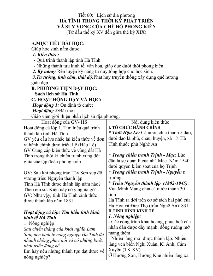 Giáo Án Sử 7: Lịch Sử Địa Phương Hà Tĩnh
