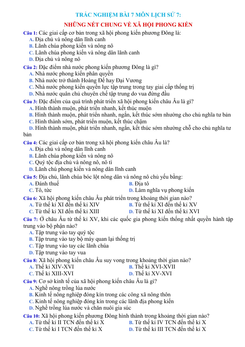 Trắc Nghiệm Bài 7 Lịch Sử 7: Những Nét Chung Về Xã Hội Phong Kiến - Tạ Thị Thúy Anh