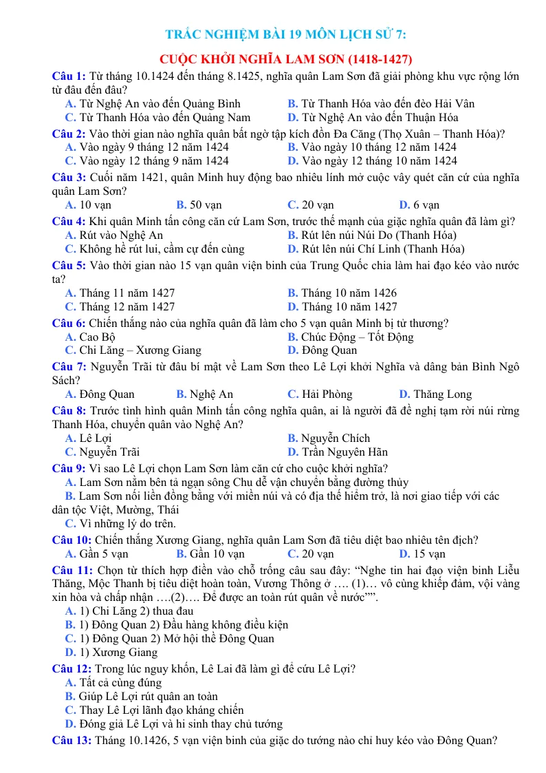 Trắc Nghiệm Bài 19 Lịch Sử 7: Cuộc khởi nghĩa Lam Sơn (1418 - 1427) - Tạ Thị Thúy Anh