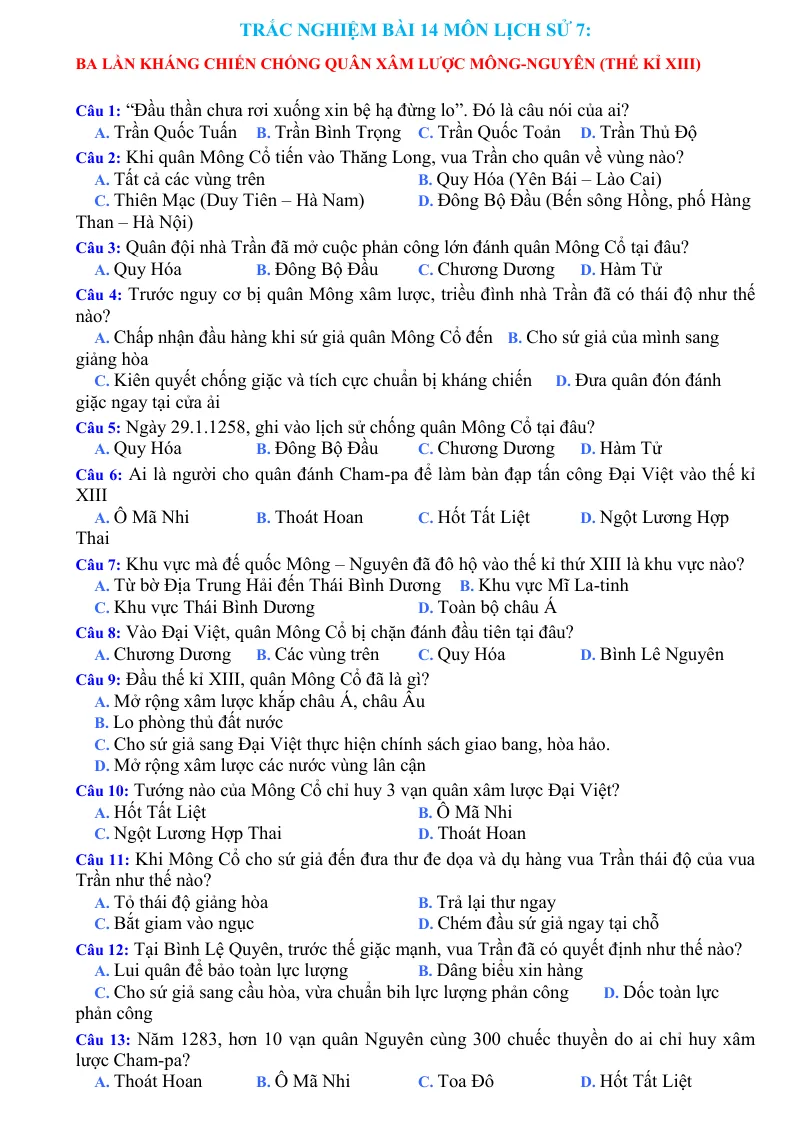 Trắc Nghiệm Bài 14 Lịch Sử 7:Ba Lần Kháng Chiến Chống Quân Xâm Lược Mông - Nguyên