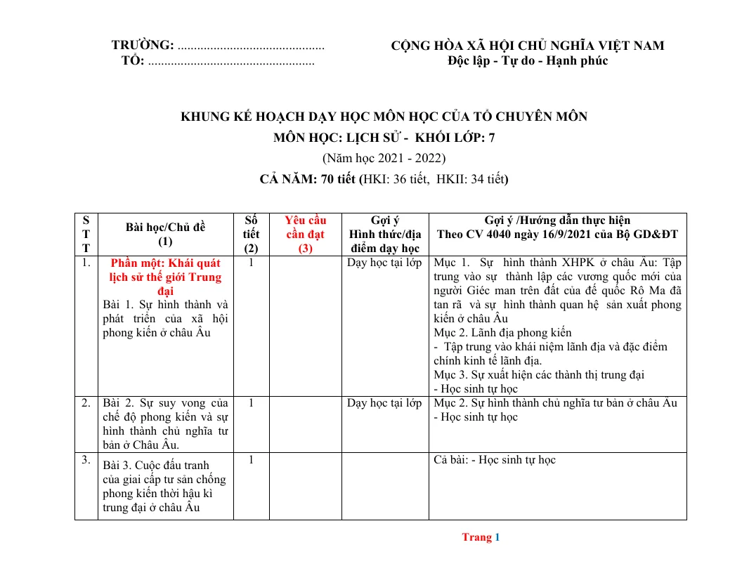 Kế Hoạch Dạy Học Lịch Sử Lớp 7, 8, 9 Theo CV 4040