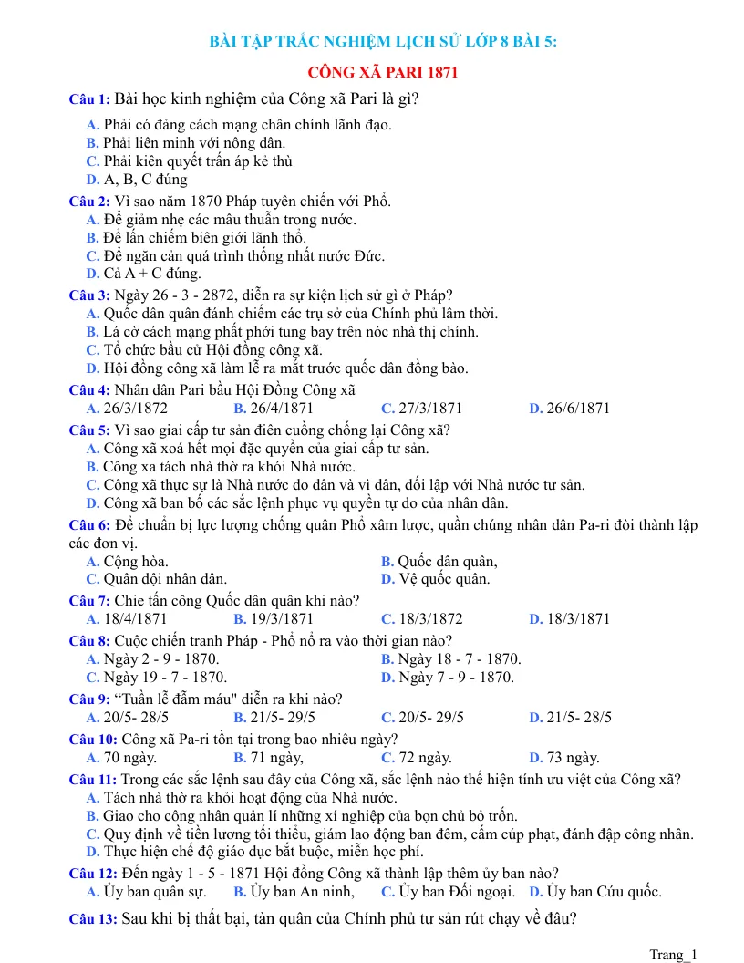 Trắc Nghiệm Sử 8 Bài 5: Công Xã Pari 1871
