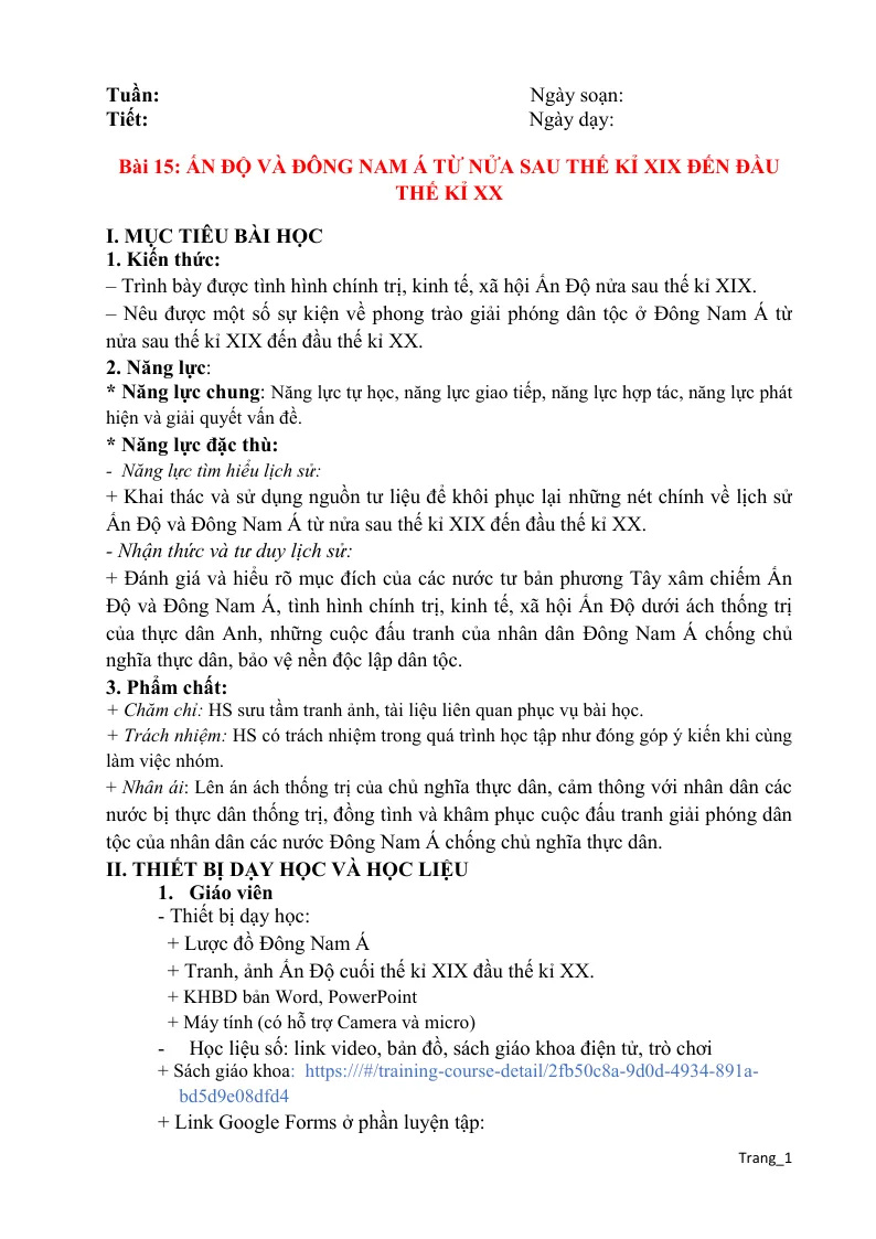 Giáo Án Lịch Sử 8 Bài 15 Ấn Độ Và Đông Nam Á Từ Nửa Sau Thế Kỉ XIX Đến Đầu Thế Kỉ XX