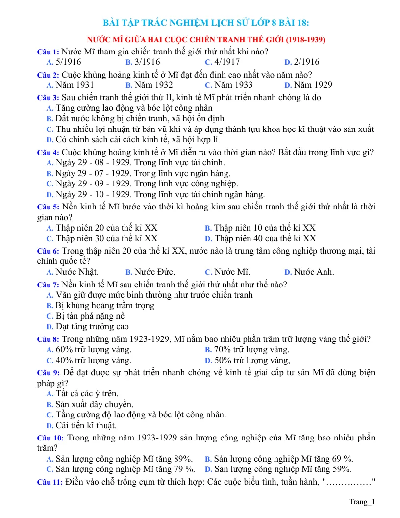 Trắc Nghiệm Sử 8 Bài 18: Nước Mĩ Giữa Hai Cuộc Chiến Tranh Thế Giới 1918 - 1939
