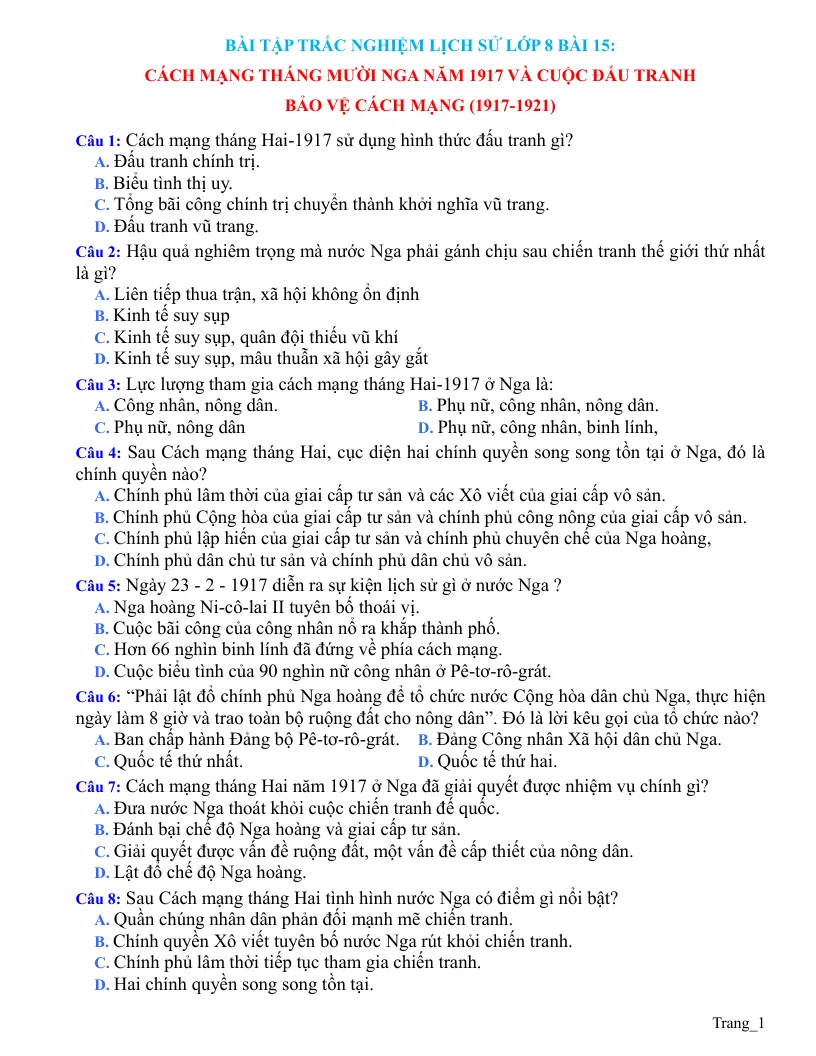 Trắc Nghiệm Sử 8 Bài 15: Cách Mạng Tháng Mười Nga Năm 1917 Và Cuộc Đấu Tranh Bảo Vệ Cách Mạng