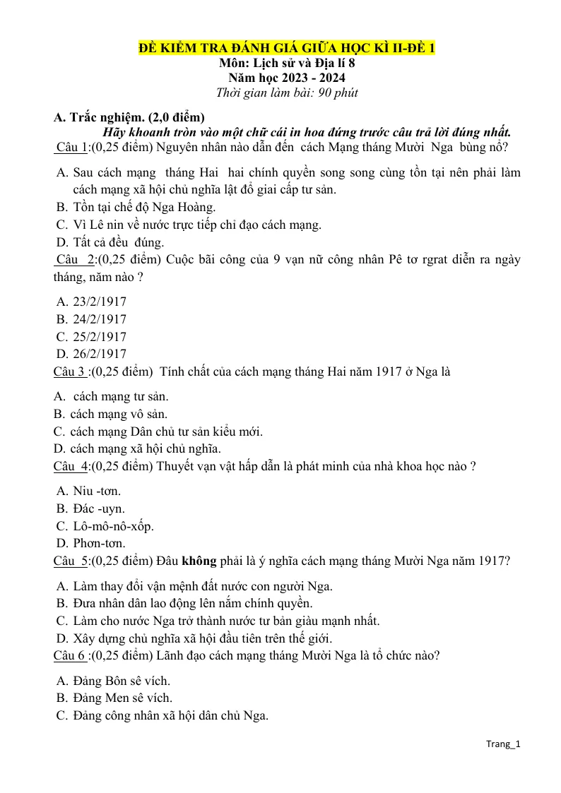 Bộ Đề Ôn Tập Giữa HK2 Lịch Sử 8 Có Đáp Án Ma Trận Đặc Tả