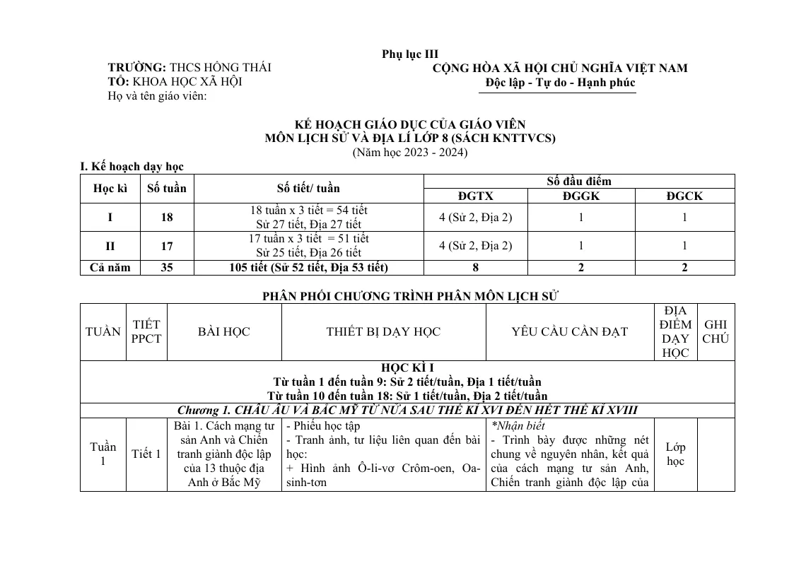 Kế Hoạch Giáo Dục Lịch Sử 8