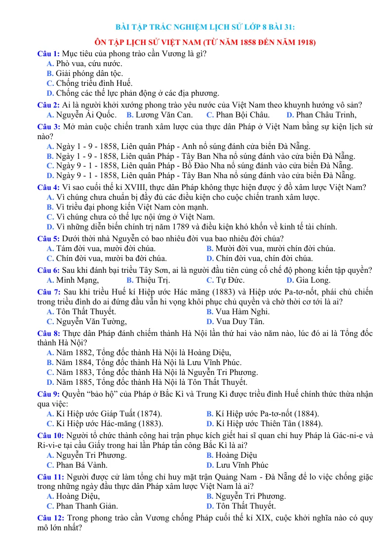 Trắc Nghiệm Sử 8 Bài 31: Ôn Tập Lịch Sử Việt Nam Từ Năm 1858 Đến Năm 1918