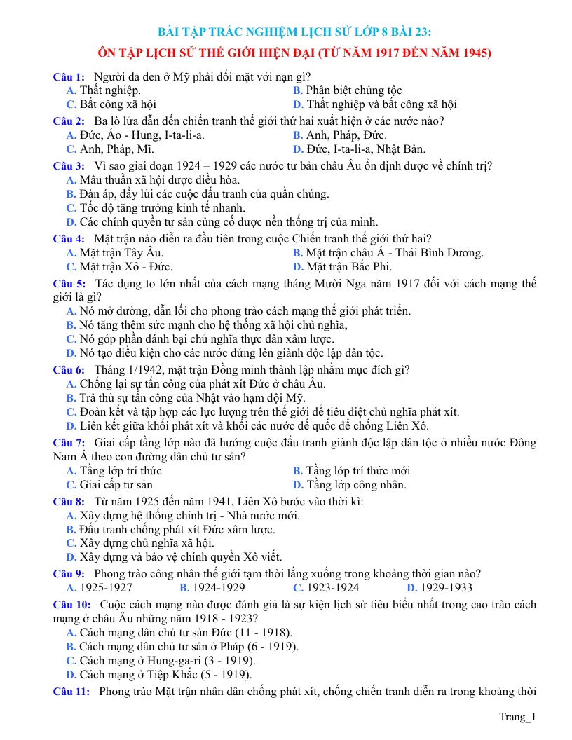 Trắc Nghiệm Sử 8 Bài 23: Ôn Tập Lịch Sử Thế Giới Hiện Đại Từ Năm 1917 Đến Năm 1945