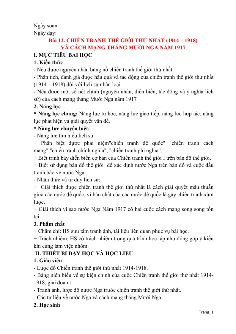 Giáo Án Lịch Sử 8 Bài 12 Chiến Tranh Thế Giới Thứ Nhất (1914 – 1918) Và Cách Mạng Tháng Mười Nga Năm 1917