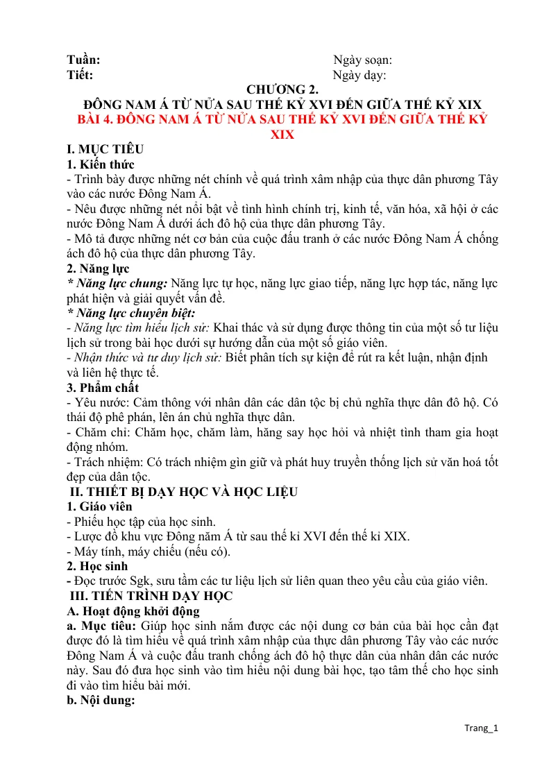 Giáo Án Lịch Sử 8 Bài 4 Đông Nam Á Từ Nửa Sau Thế Kỷ XVI Đến Giữa Thế Kỷ XIX