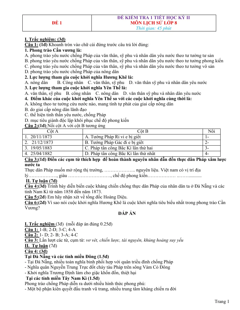 Bộ Đề Kiểm Tra 1 Tiết Lịch Sử 8 HK2