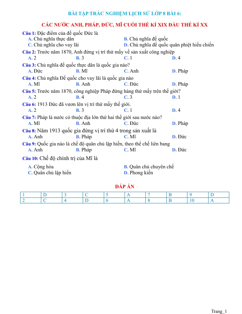 Trắc Nghiệm Sử 8 Bài 6: Các Nước Anh, Pháp, Đức, Mĩ Cuối Thế Kỉ XIX Đầu Thế Kỉ XX