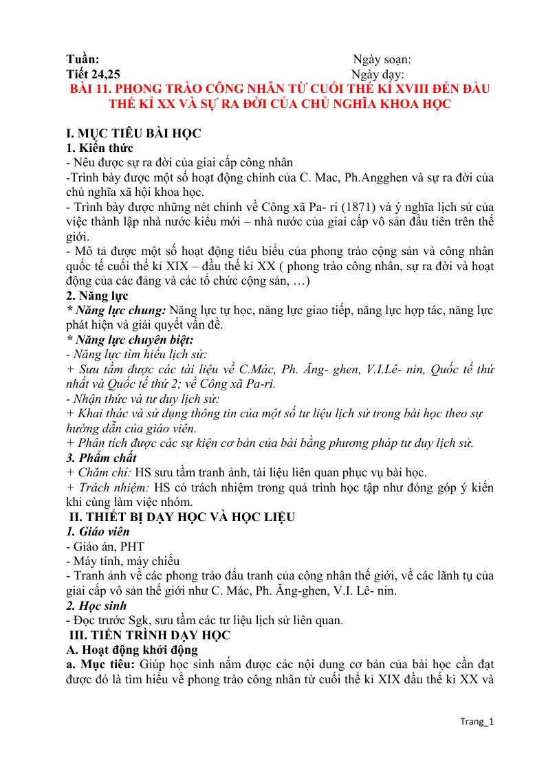 Giáo Án Lịch Sử 8 Bài 11 Phong Trào Công Nhân Từ Cuối Thế Kỉ XVIII Đến Đầu Thế Kỉ XX Và Sự Ra Đời Của Chủ Nghĩa Khoa Học
